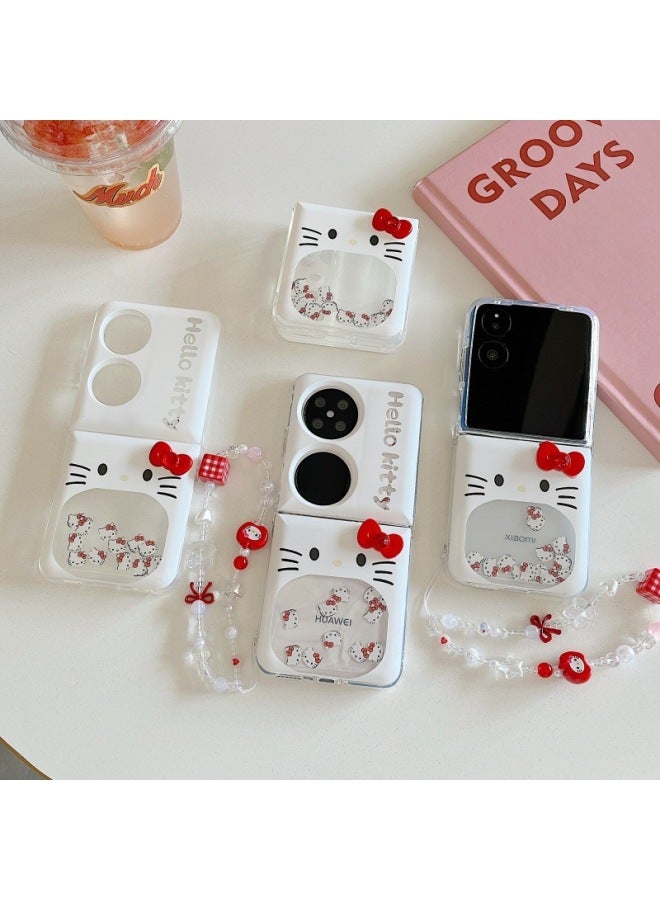 Quicksand Cat Bow For Glory MagicVFlip Folding Screen Phone Case Millet Mix Flip Hard Case-Colour:Quicksand Kt Cat Bow + Bracelet-Applicable Model:Samsung W25 Flip