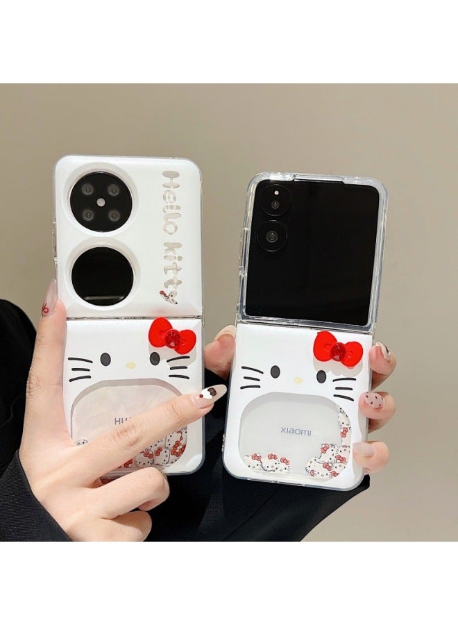 Quicksand Cat Bow For Glory MagicVFlip Folding Screen Phone Case Millet Mix Flip Hard Case-Colour:Quicksand Kt Cat Bow + Bracelet-Applicable Model:Samsung W25 Flip