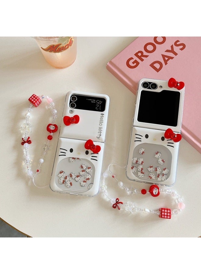 Quicksand Cat Bow For Glory MagicVFlip Folding Screen Phone Case Millet Mix Flip Hard Case-Colour:Quicksand Kt Cat Bow + Bracelet-Applicable Model:Samsung W25 Flip