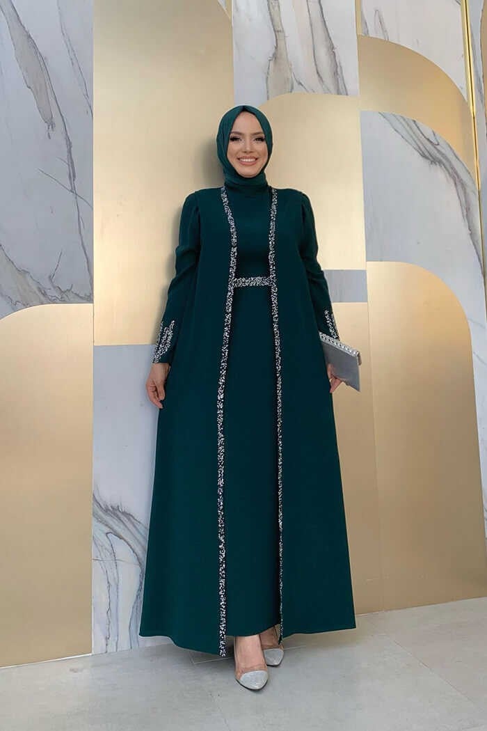 Bym Fashion Bym Stone Embroidery Detailed Vest Dress Suit 3838 Emerald  - Image 2
