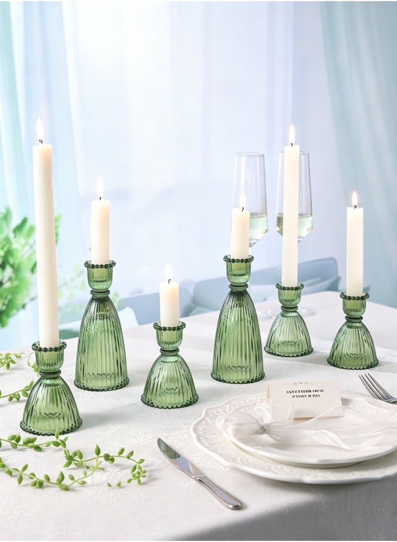 MAIDI 6 Green Glass Candlestick Holders (9cm/15cm) - Assorted Vintage Tall Cone Candle Holders for Party Decor, Bulk Green Candle Holders for Taper Candle - Image 3