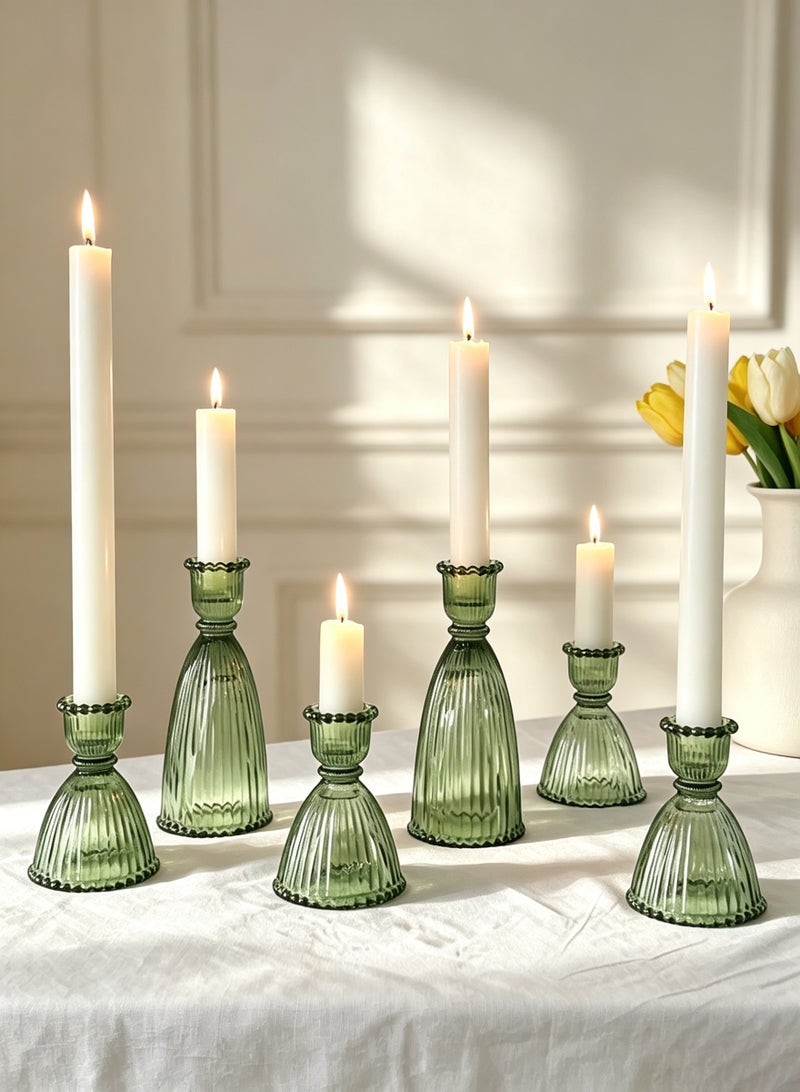 MAIDI 6 Green Glass Candlestick Holders (9cm/15cm) - Assorted Vintage Tall Cone Candle Holders for Party Decor, Bulk Green Candle Holders for Taper Candle - Image 1