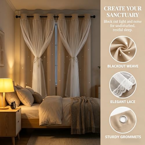 Kinryb Star Cutout Mix and Match Grommet Curtains Kid Curtains Bedroom Twinkle Star Overlay Curtains for Nursery Thermal Insulated Soundproof Window Drapes 2 PCS with Tiebacks Beige 42W x95L - Image 5