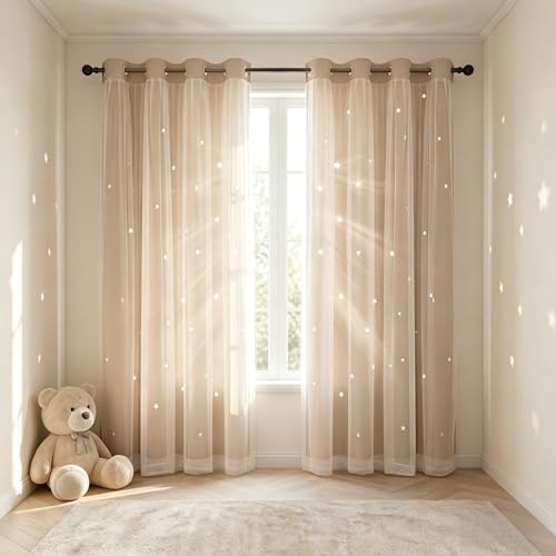 Kinryb Star Cutout Mix and Match Grommet Curtains Kid Curtains Bedroom Twinkle Star Overlay Curtains for Nursery Thermal Insulated Soundproof Window Drapes 2 PCS with Tiebacks Beige 42W x95L - Image 2