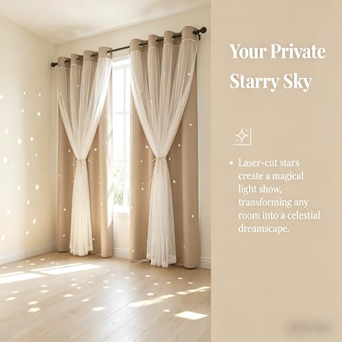Kinryb Star Cutout Mix and Match Grommet Curtains Kid Curtains Bedroom Twinkle Star Overlay Curtains for Nursery Thermal Insulated Soundproof Window Drapes 2 PCS with Tiebacks Beige 42W x95L - Image 4