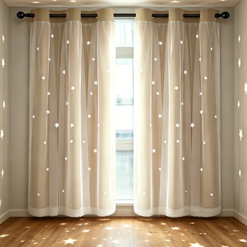 Kinryb Star Cutout Mix and Match Grommet Curtains Kid Curtains Bedroom Twinkle Star Overlay Curtains for Nursery Thermal Insulated Soundproof Window Drapes 2 PCS with Tiebacks Beige 42W x95L - Image 1