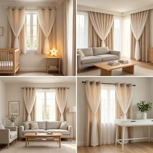 Kinryb Star Cutout Mix and Match Grommet Curtains Kid Curtains Bedroom Twinkle Star Overlay Curtains for Nursery Thermal Insulated Soundproof Window Drapes 2 PCS with Tiebacks Beige 42W x95L - Image 3
