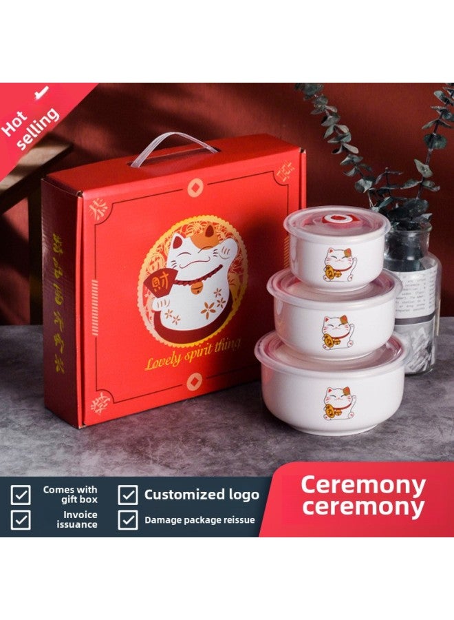 Ceramic Fresh-keeping Bowl Three-piece Gift Bowl Set Sealed Bowl Printed Logo Opening Activity Promotion Sales Gift-Specifications:Lucky Cat-Color:2-piece Fresh Bowl Set (36 Sets Per Box) - Image 1