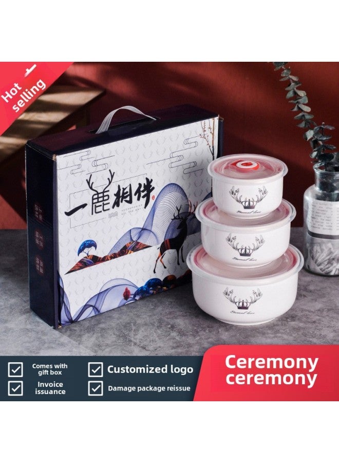 Ceramic Fresh-keeping Bowl Three-piece Gift Bowl Set Sealed Bowl Printed Logo Opening Activity Promotion Sales Gift-Specifications:Lucky Cat-Color:2-piece Fresh Bowl Set (36 Sets Per Box) - Image 2