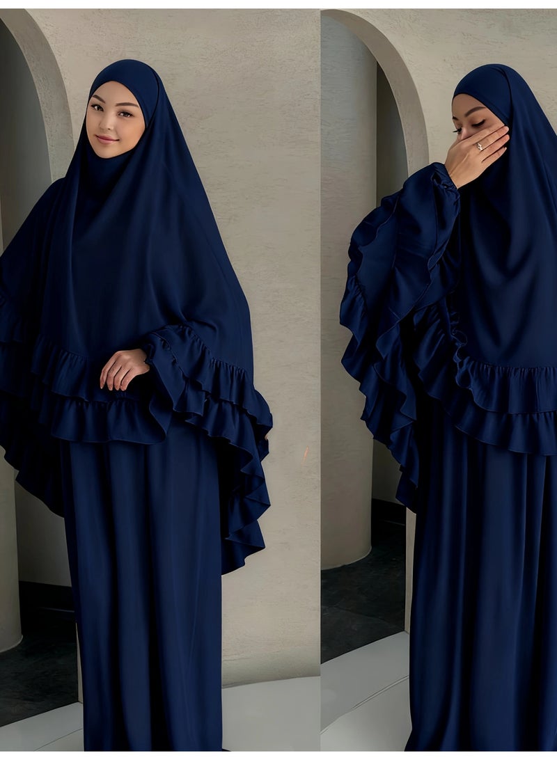 مجموعة رداء مسلم طويل بقصّة الأكمام المخططة وشال الرأس، ارتداء أنيق وعفوي للاستجابة، تشمل التنورة والشال - Image 3