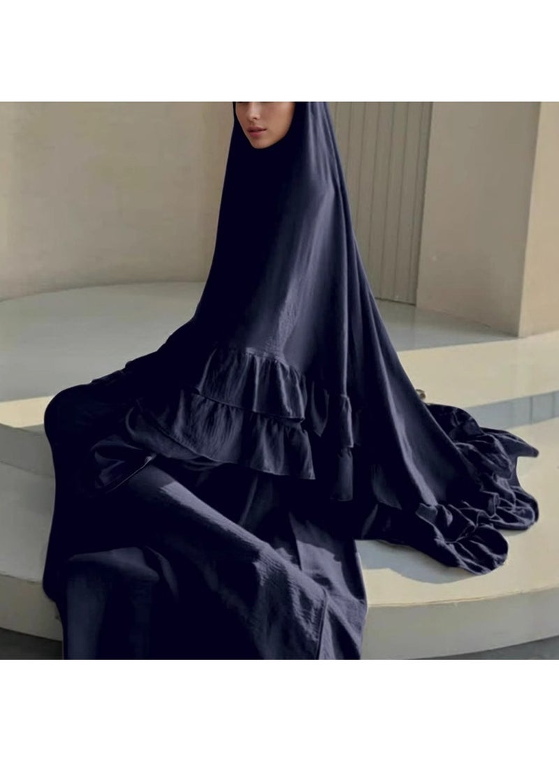 مجموعة رداء مسلم طويل بقصّة الأكمام المخططة وشال الرأس، ارتداء أنيق وعفوي للاستجابة، تشمل التنورة والشال - Image 1
