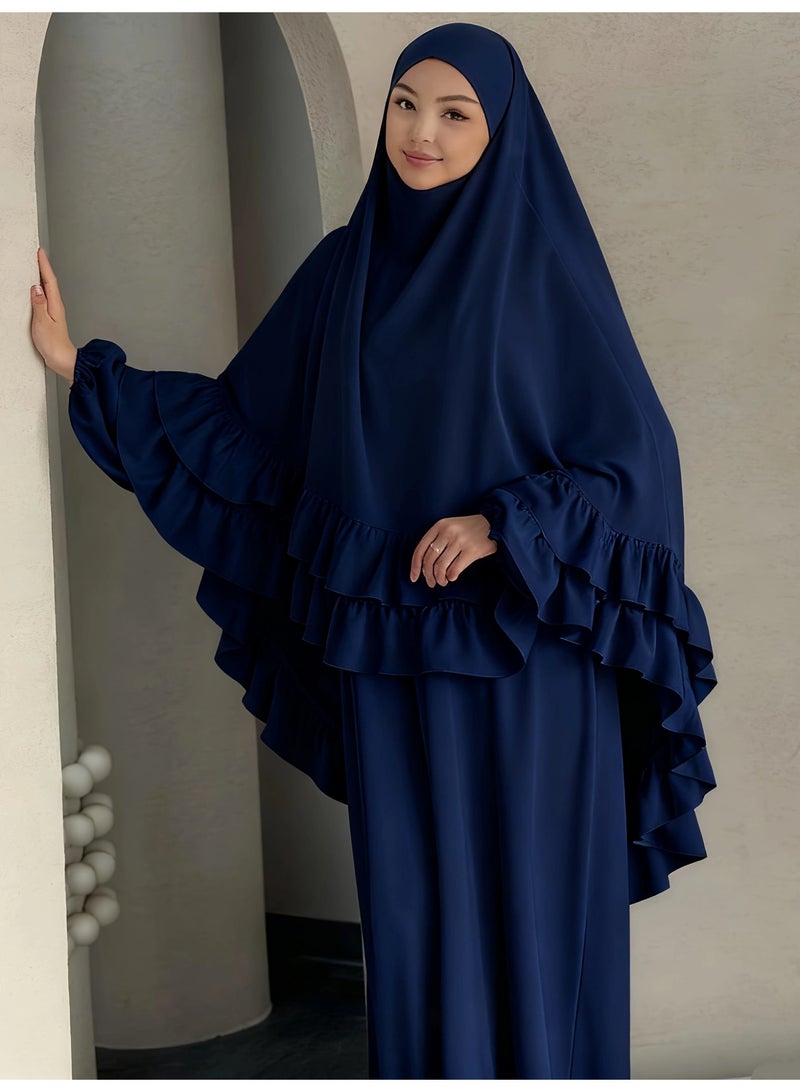 مجموعة رداء مسلم طويل بقصّة الأكمام المخططة وشال الرأس، ارتداء أنيق وعفوي للاستجابة، تشمل التنورة والشال - Image 2