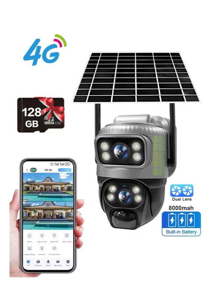 كاميرا 4G مزدوجة العدسة تعمل بالطاقة الشمسية PIR للكشف عن الأشخاص والرؤية الليلية ومقاومة للماء وكاميرا فيديو IP أمنية بدقة 8 ميجابكسل و4K وبطارية وشاشة CCTV (تتضمن بطاقة 128 جيجابايت) - Image 1