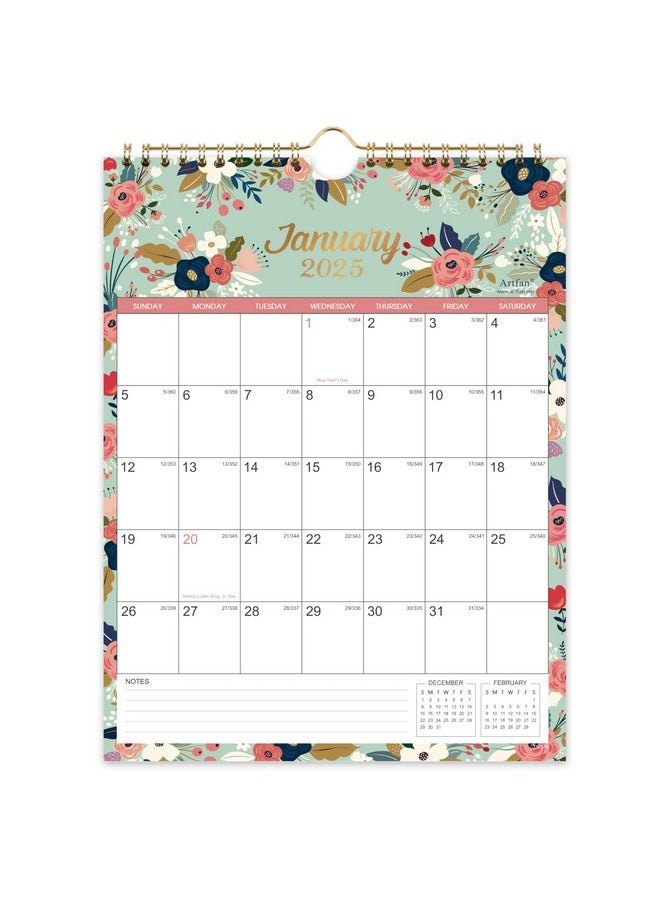 Artfan - 2025 Calendar - Jan 2025 - Dec 2025 Wall Calendar, 12 Monthly Calendar, 8.4" X 11", Twin-Wire Binding + Hanging Hook + Large Blocks With Julian Dates, Perfect Wall Calendar For Organizing - Floral - Image 1