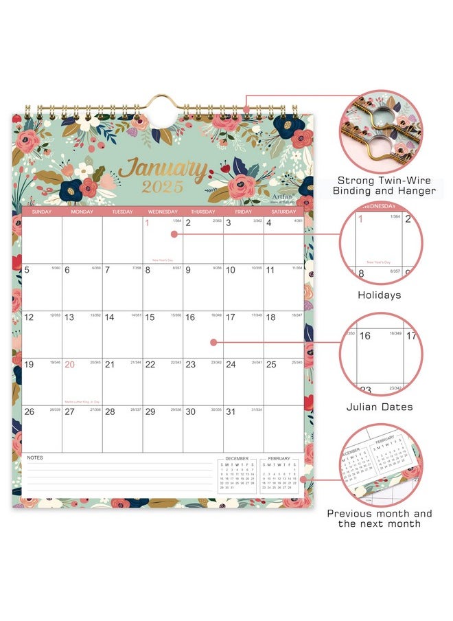 Artfan - 2025 Calendar - Jan 2025 - Dec 2025 Wall Calendar, 12 Monthly Calendar, 8.4" X 11", Twin-Wire Binding + Hanging Hook + Large Blocks With Julian Dates, Perfect Wall Calendar For Organizing - Floral - Image 1