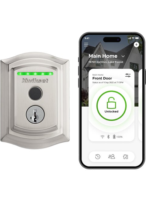 Kwikset Halo Touch Fingerprint WiFi Smart Lock Keyless Entry Door Low Profile Deadbolt Geofence AutoUnlock Grade AAA Certified No Hub Easy Install Satin Nickel Lifetime Finish Warranty Arch