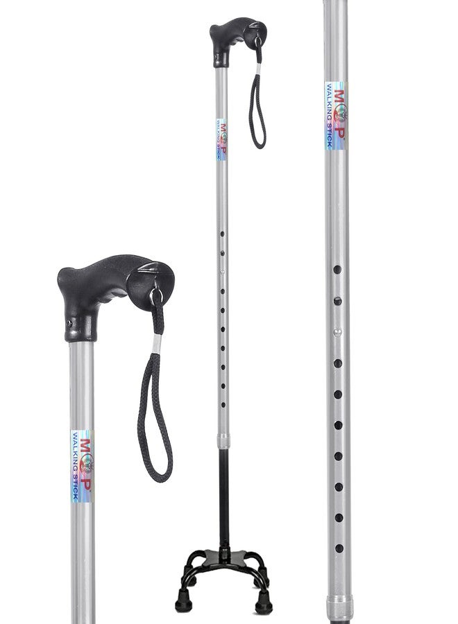 MCP Quadripod Height Adjustable Aluminium Four Legged Walking Stick for Men, Women, Old People Senior Citizens Patients Support, Trekking 4 Leg Cane Stick (Silver) - Image 1