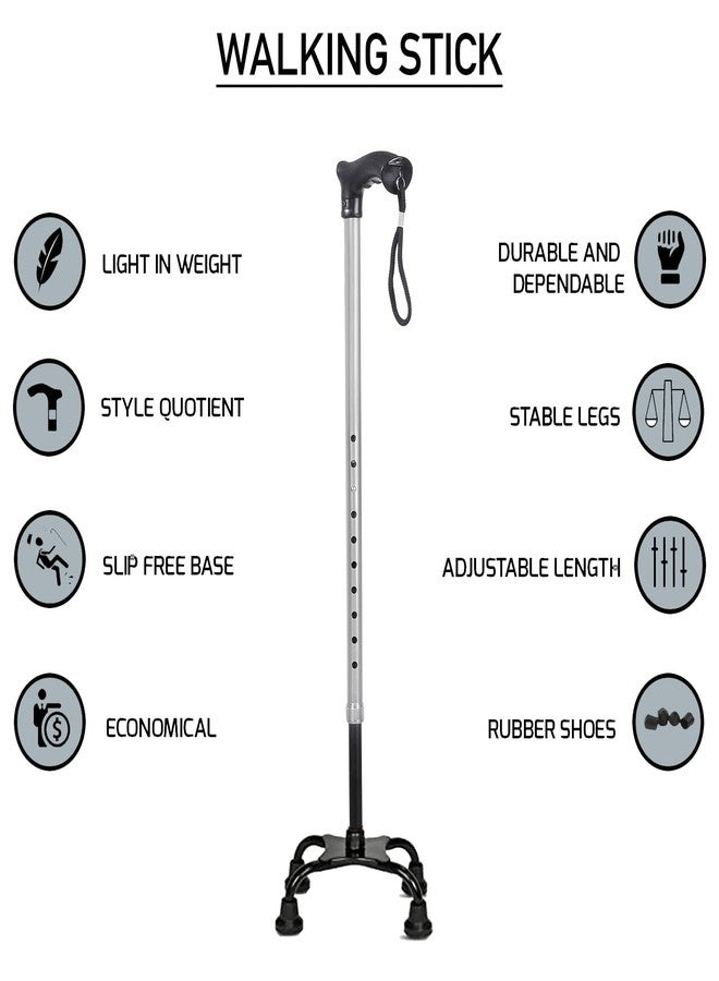 MCP Quadripod Height Adjustable Aluminium Four Legged Walking Stick for Men, Women, Old People Senior Citizens Patients Support, Trekking 4 Leg Cane Stick (Silver) - Image 4