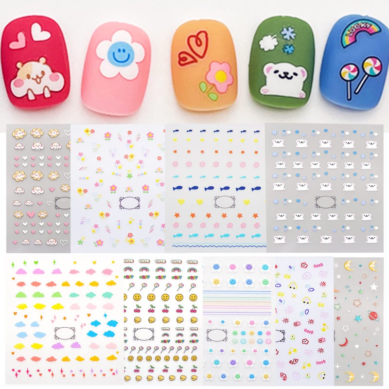 IHUKEIT IHUKEIT Cute Nail Stickers for Kids Including Animals Flowers Cloud Star Heart and More Self Adhesive Fingernail Decal Stickers for Little Girls Women Nail Art Decoration Fun Pack of 9 