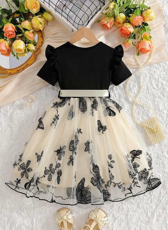 تايك تو Take Two Round Neck Bow Detail Ruffle Hem Mesh Knee Length Dress