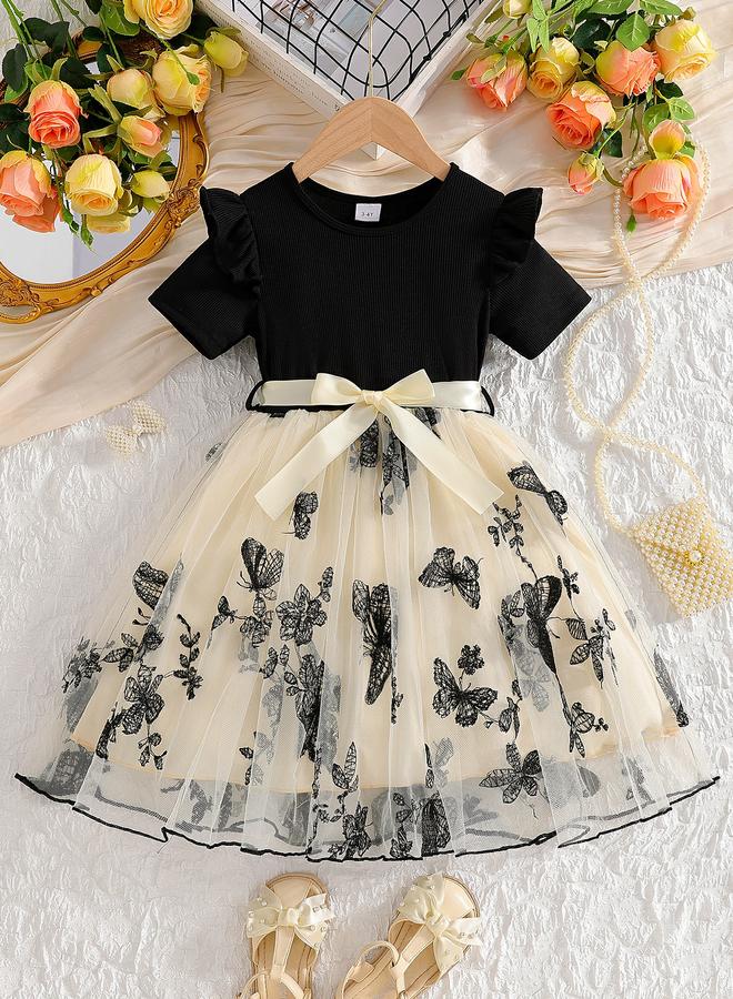 Take Two Round Neck Bow Detail Ruffle Hem Mesh Knee Length Dress - Image 1