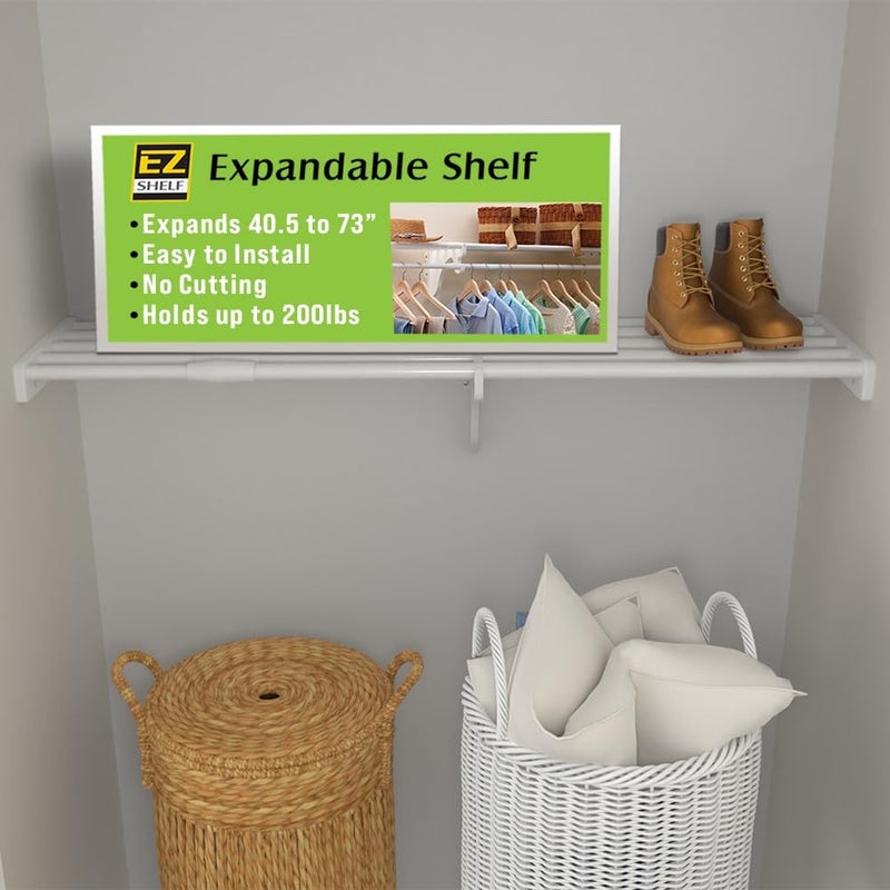 EZ Shelf DIY Expandable Closet Shelf NO Hanging Rod 405 to 73 White Easy to Install to 2 Sidewalls EZSSW72 Wire Closet Shelving Alternative
