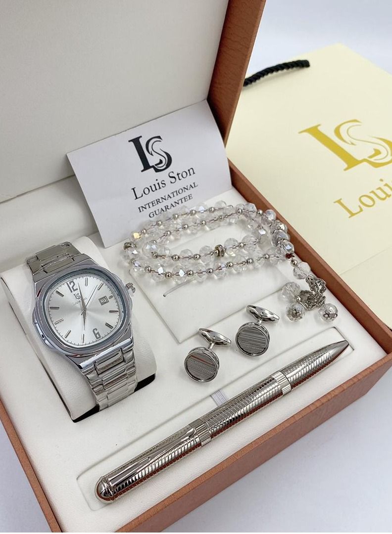Louis Ston A high-quality, elegant men's watch gift set from Louis Ston, a Silver bracelet with a white dial with the date display - Limited edition.