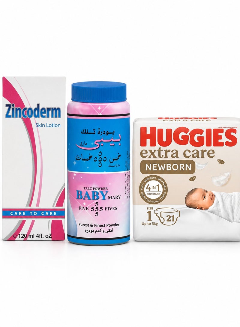 هجيز باندل عناية حديثي الولادة من هاجيز: حفاضات مقاس ١ (حتى ٥ كجم، ٢١ قطعة، صنع في أوروبا) + لوشن زينكوديرم (١٢٠ مل) + بودرة خمس خمسات للأطفال بدون عطر (٢٠٠ جرام) - Image 1
