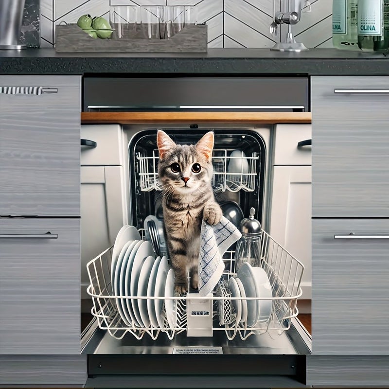 Magnetic Dishwasher Door Cover 17x23inch Cat Print Design Scratch Resistant Reusable Vinyl Sticker Easy Peel Stick Application For Modern Refrigerator Front Decoration - Image 3