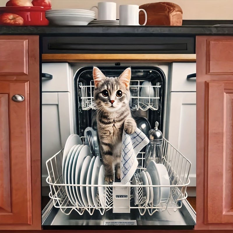 Magnetic Dishwasher Door Cover 17x23inch Cat Print Design Scratch Resistant Reusable Vinyl Sticker Easy Peel Stick Application For Modern Refrigerator Front Decoration - Image 1