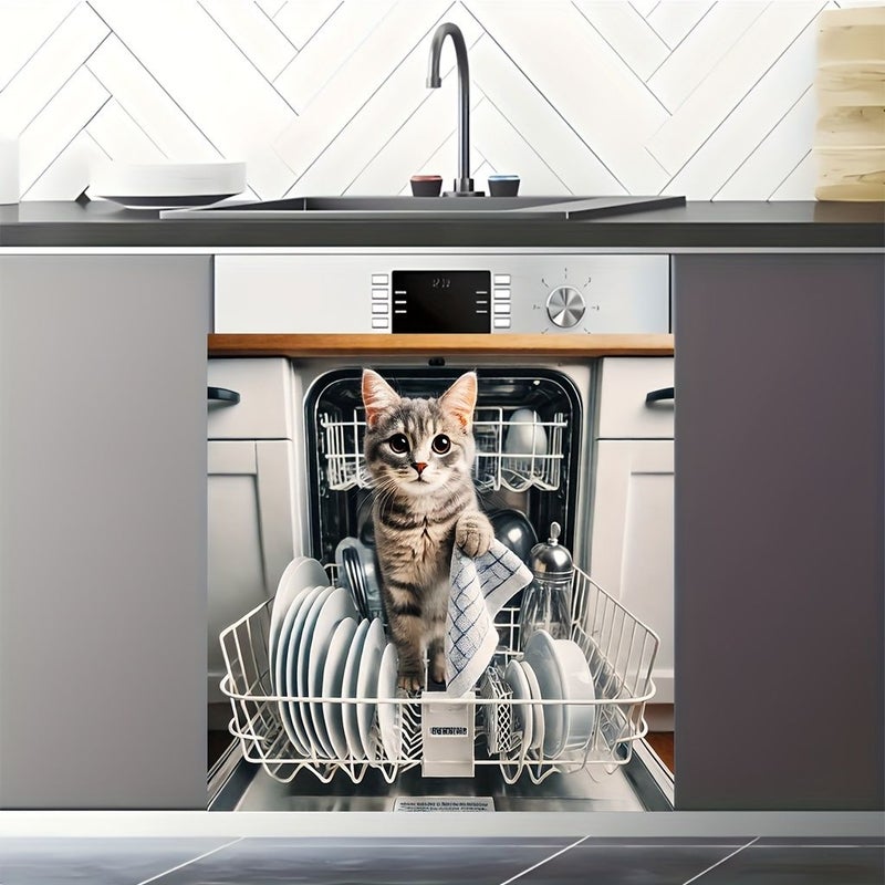 Magnetic Dishwasher Door Cover 17x23inch Cat Print Design Scratch Resistant Reusable Vinyl Sticker Easy Peel Stick Application For Modern Refrigerator Front Decoration - Image 5