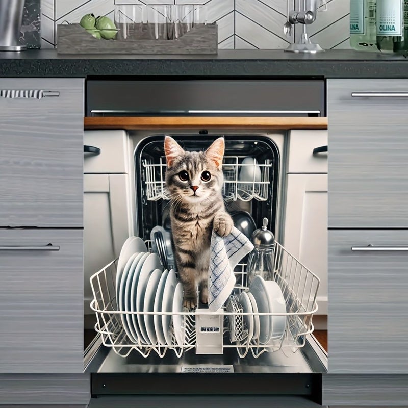 Magnetic Dishwasher Door Cover 17x23inch Cat Print Design Scratch Resistant Reusable Vinyl Sticker Easy Peel Stick Application For Modern Refrigerator Front Decoration - Image 4