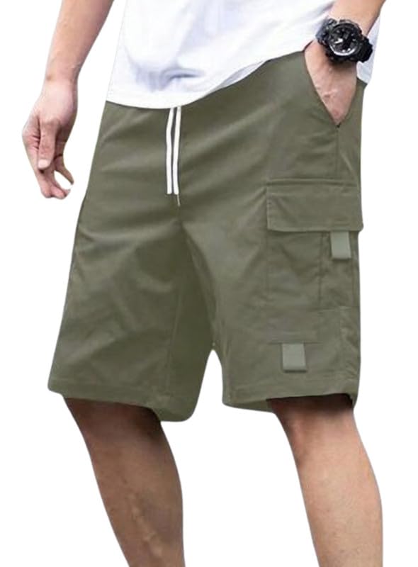 NoseQueen Men Fashion Cotton Shorts Pant for Men, Relaxed Fit Drawstring Waist Casual Half Pant for Man Olive - Image 1