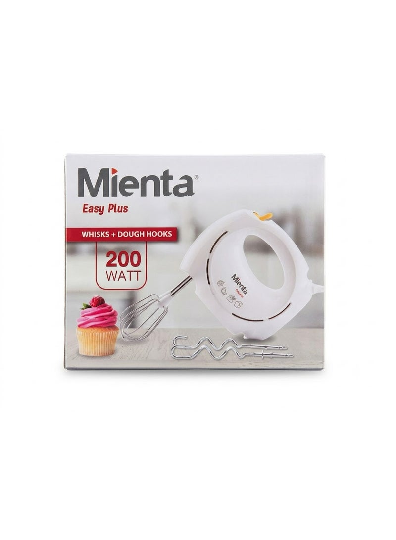 Minta Product Name: Mienta Easy Plus Hand Mixer with Whisks and Dough Hooks - 200 Watt, White - Image 2