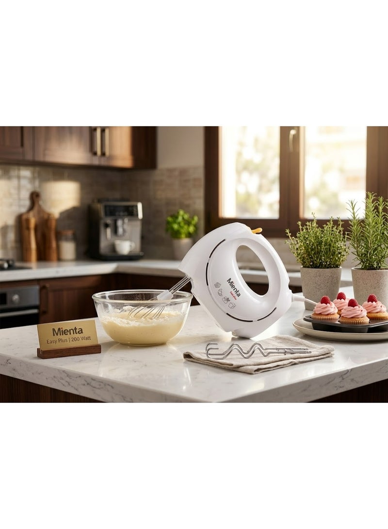 Minta Product Name: Mienta Easy Plus Hand Mixer with Whisks and Dough Hooks - 200 Watt, White - Image 1