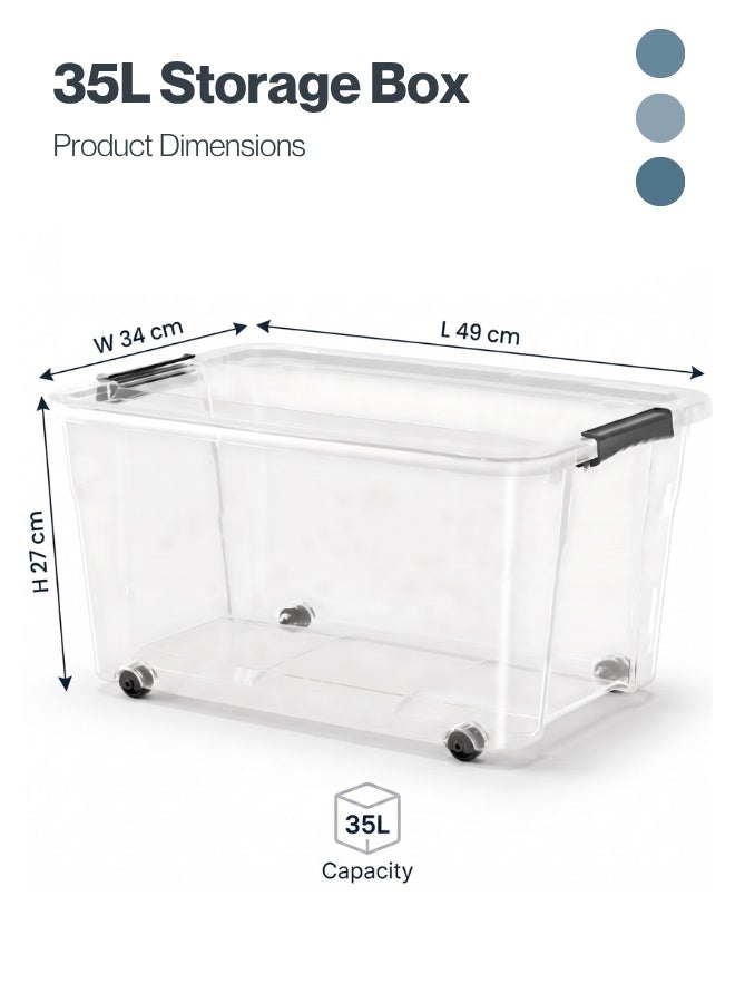 Marcolo Storage Box with Lid – 35L | Clear Stackable Plastic Organizer with Secure Locks and Wheels - Image 2