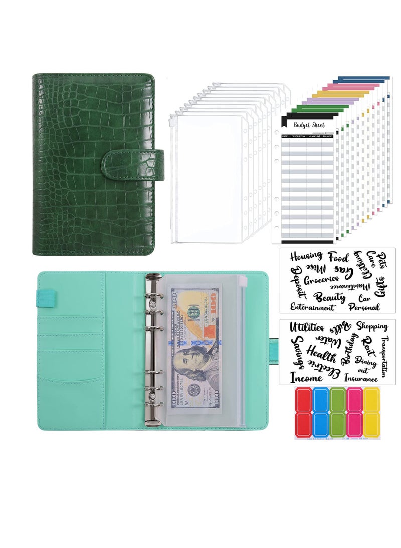 Budget Binder with 8pcs Cash Envelopes for Budgeting, Crocodile Pattern A6 Binder with 2Pcs Label Stickers and 12Pcs Expense Trackers Money Organizer for Cash for Saving Binder(Green) - Image 1