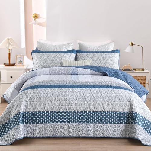 WONGS BEDDING Blue Quilt Full Size Bohemian Stripe Quilt Sets 3 Pieces Gray Boho Quilted Bedspread Set Lightweight Microfiber Coverlet Bedding Set All Season 7890 - Image 3