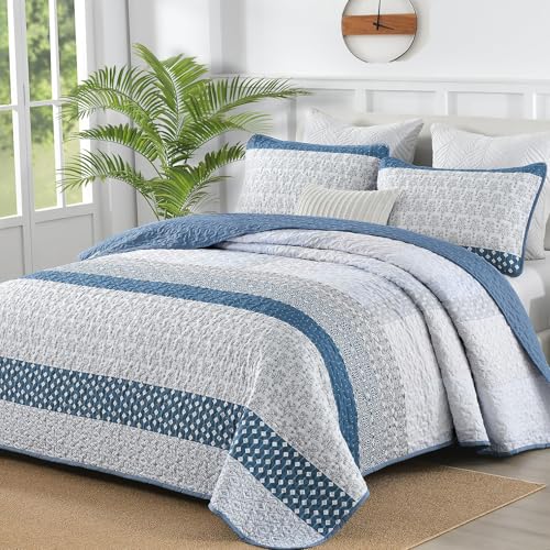 WONGS BEDDING Blue Quilt Full Size Bohemian Stripe Quilt Sets 3 Pieces Gray Boho Quilted Bedspread Set Lightweight Microfiber Coverlet Bedding Set All Season 7890 - Image 1