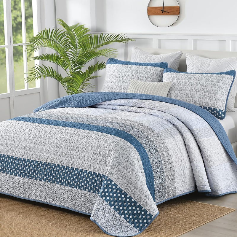 WONGS BEDDING Blue Quilt Full Size Bohemian Stripe Quilt Sets 3 Pieces Gray Boho Quilted Bedspread Set Lightweight Microfiber Coverlet Bedding Set All Season 7890 - Image 2
