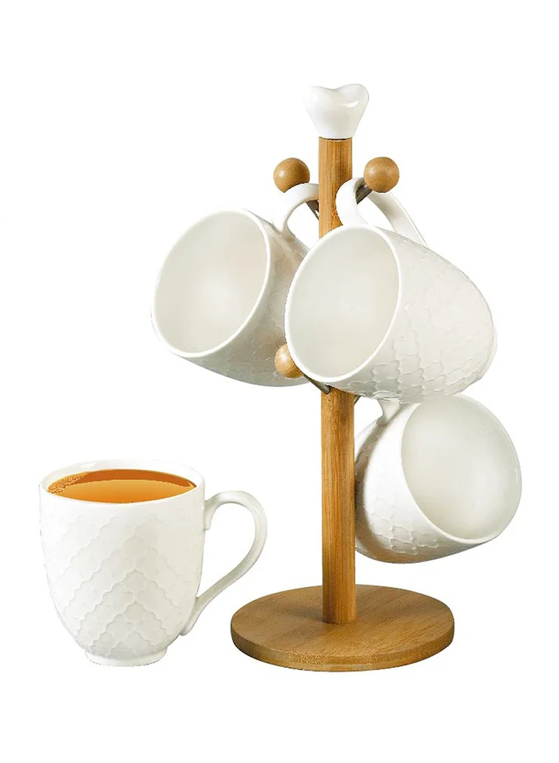 Shallow Shallow 4-Piece Porcelain Mug Set with Bamboo Stand – 330ml Elegant White Cups