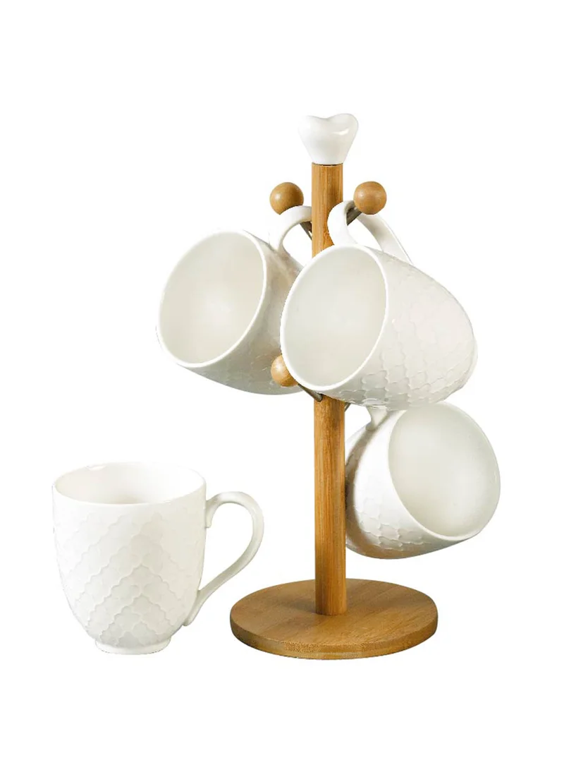 Shallow Shallow 4-Piece Porcelain Mug Set with Bamboo Stand – 330ml Elegant White Cups