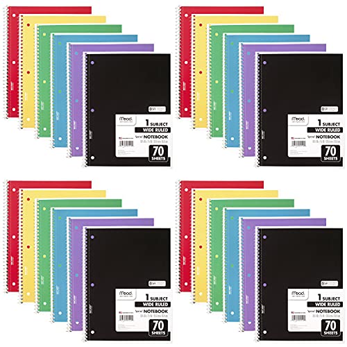 Mead Spiral Notebook, 24 Pack, 1 Subject, Wide Ruled Paper, 7-1/2" x 10-1/2", 70 Sheets per Notebook, Colors Will Vary (930203-ECM25) - Image 1