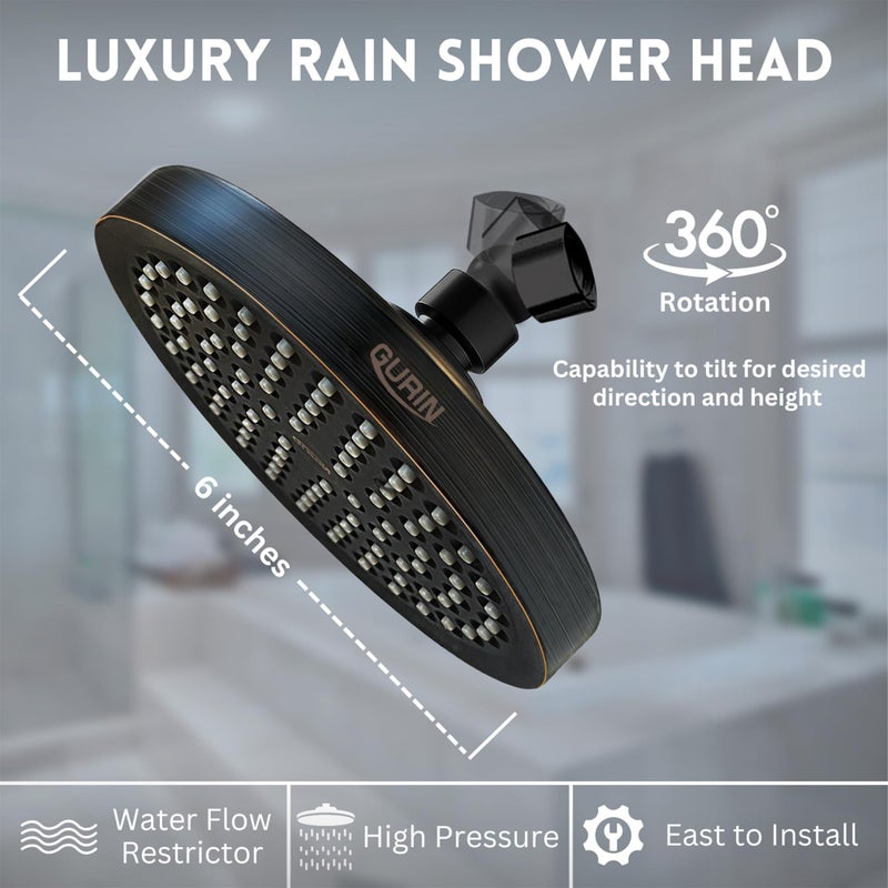 GURIN Shower Head High Pressure Rain, Luxury Bathroom Showerhead with Adjustable Angles, Anti-Clogging Silicone Nozzles - Oil Rubbed Bronze, 6 Inch Round - Image 4