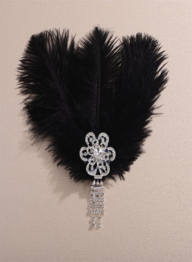 Aimimier Bridal 1920s Flapper Black Feather Clip with Flower Crystal Tassel Roaring 20s Feather Headpiece Party Festival Halloween Hair Accessories for Women - Image 2
