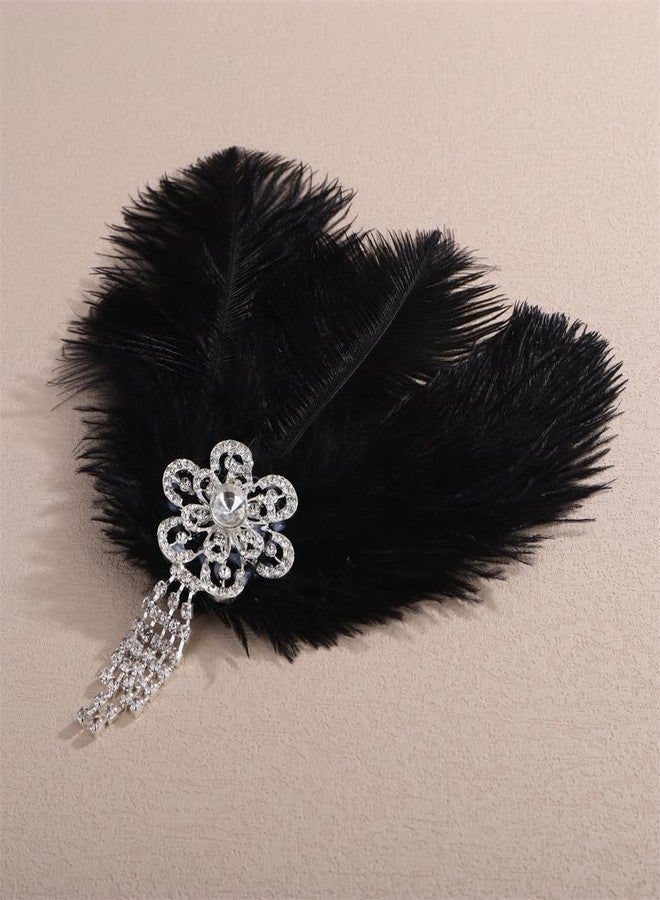 Aimimier Bridal 1920s Flapper Black Feather Clip with Flower Crystal Tassel Roaring 20s Feather Headpiece Party Festival Halloween Hair Accessories for Women - Image 3