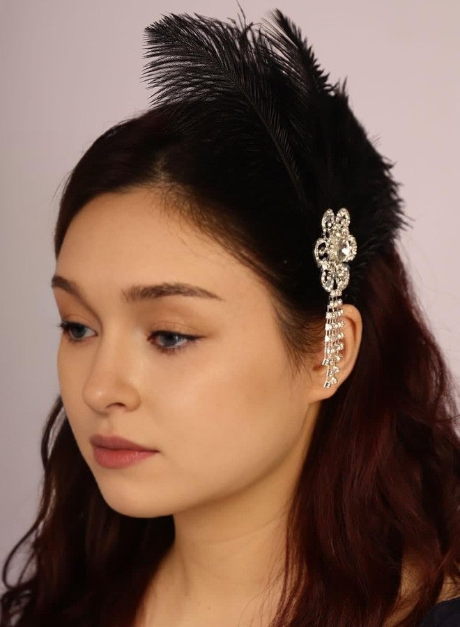 Aimimier Bridal 1920s Flapper Black Feather Clip with Flower Crystal Tassel Roaring 20s Feather Headpiece Party Festival Halloween Hair Accessories for Women - Image 1