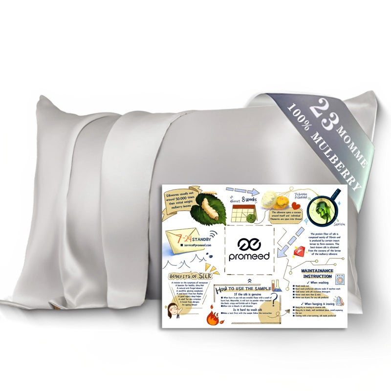 PROMEED 100% Mulberry Silk Pillowcase for Hair and Skin with Zipper, 23 Momme, Both Sides Pure Silk Pillow Case, Grade 6A+ Real Silk Case (Standard 20"x26", Light Grey) - Image 1