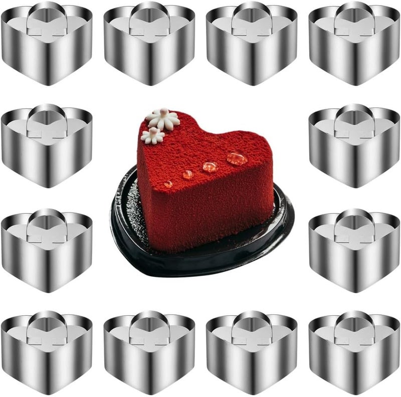 12 Pcs Stainless Steel Cake Rings, Mousse Ring Molds Set, Heart-Shape Dessert Molds With Pusher For Baking Biscuits Pancakes Desserts, 3.15 In X 1.46 In - Image 1