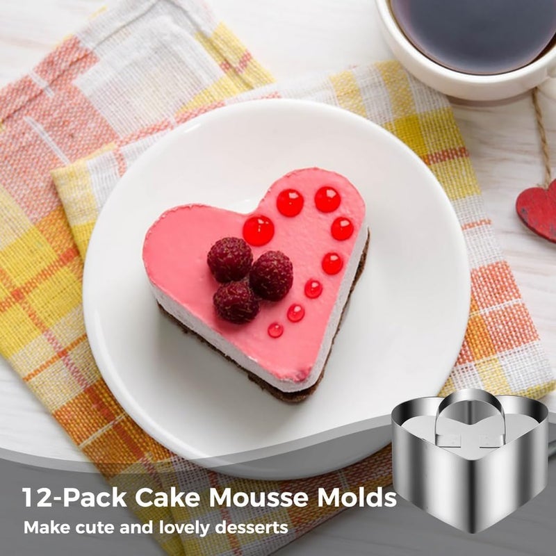 12 Pcs Stainless Steel Cake Rings, Mousse Ring Molds Set, Heart-Shape Dessert Molds With Pusher For Baking Biscuits Pancakes Desserts, 3.15 In X 1.46 In - Image 2